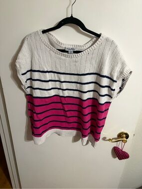 💜 Large Tommy Bahama Striped Knit Top with Navy & Hot Pink Accent